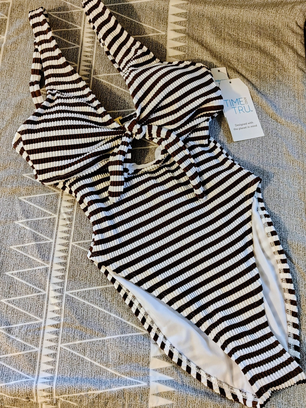 Time and Tru Striped One-Piece Swimsuit - White and Brown - Picture 2 of 7